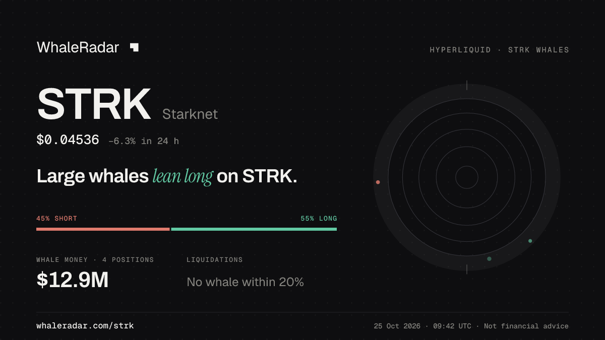 Share card for STRK: Large whales lean long on STRK.