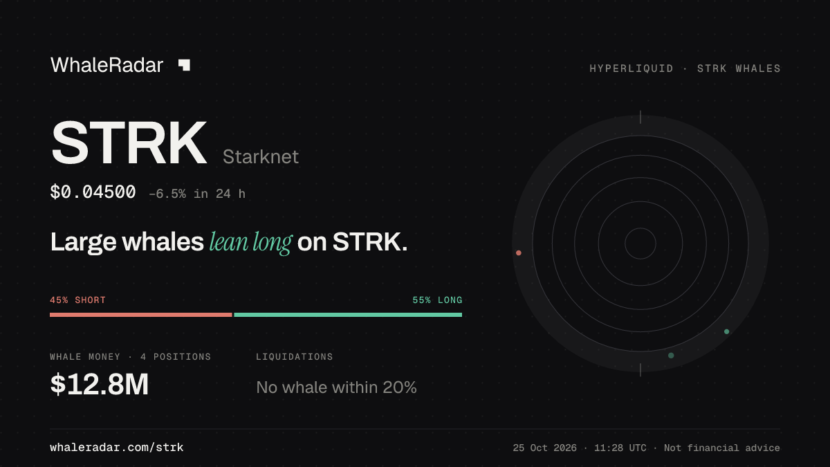 Share card for STRK: Large whales lean long on STRK.