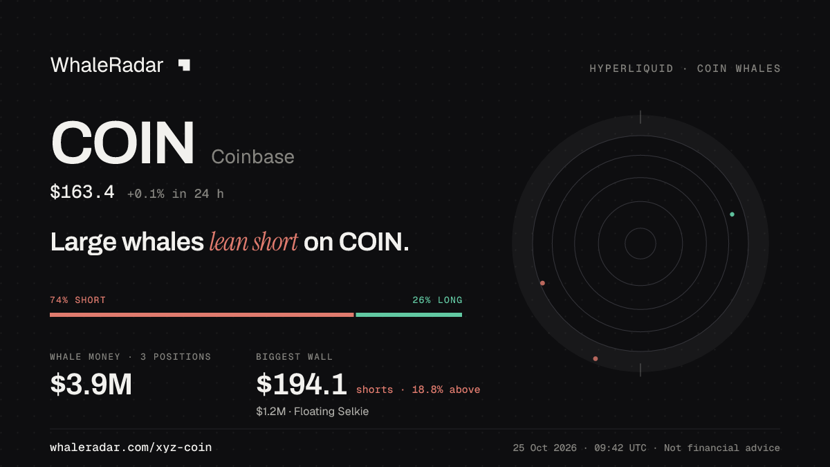 Share card for COIN: Large whales lean short on COIN.