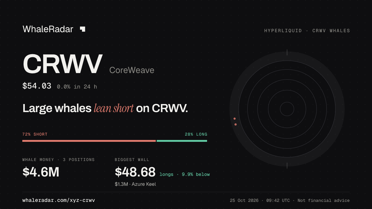 Share card for CRWV: Large whales lean short on CRWV.