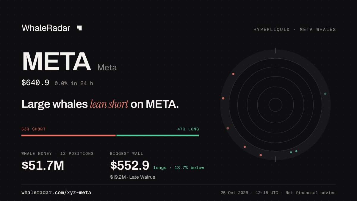 Share card for META: Large whales lean short on META.