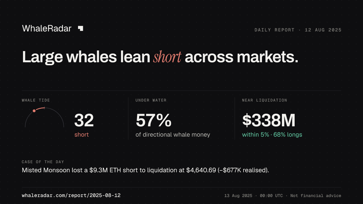 Share card for the report of 2025-08-12: Large whales lean short across markets.