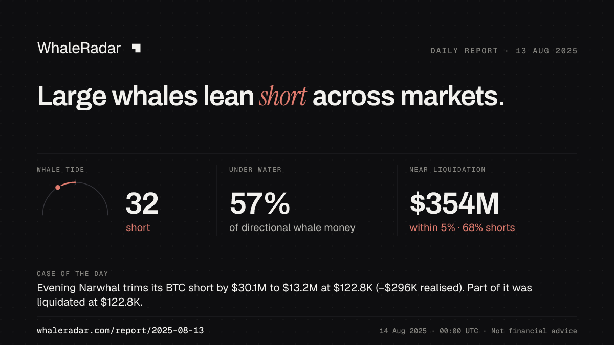 Share card for the report of 2025-08-13: Large whales lean short across markets.