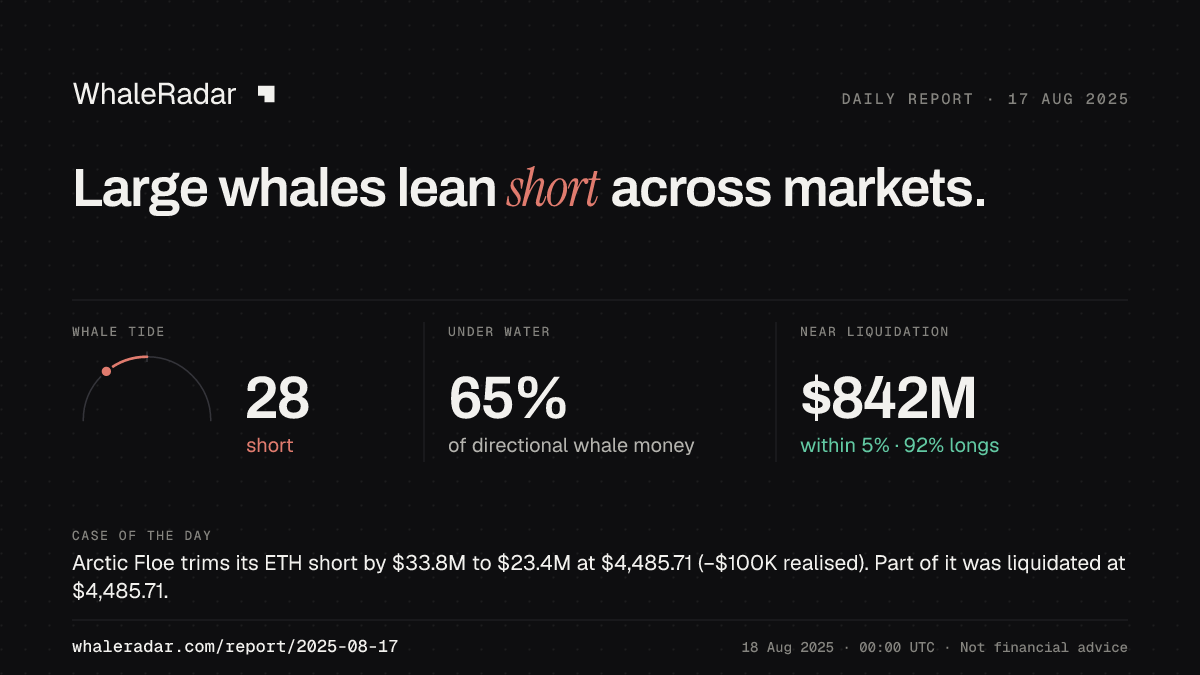 Share card for the report of 2025-08-17: Large whales lean short across markets.