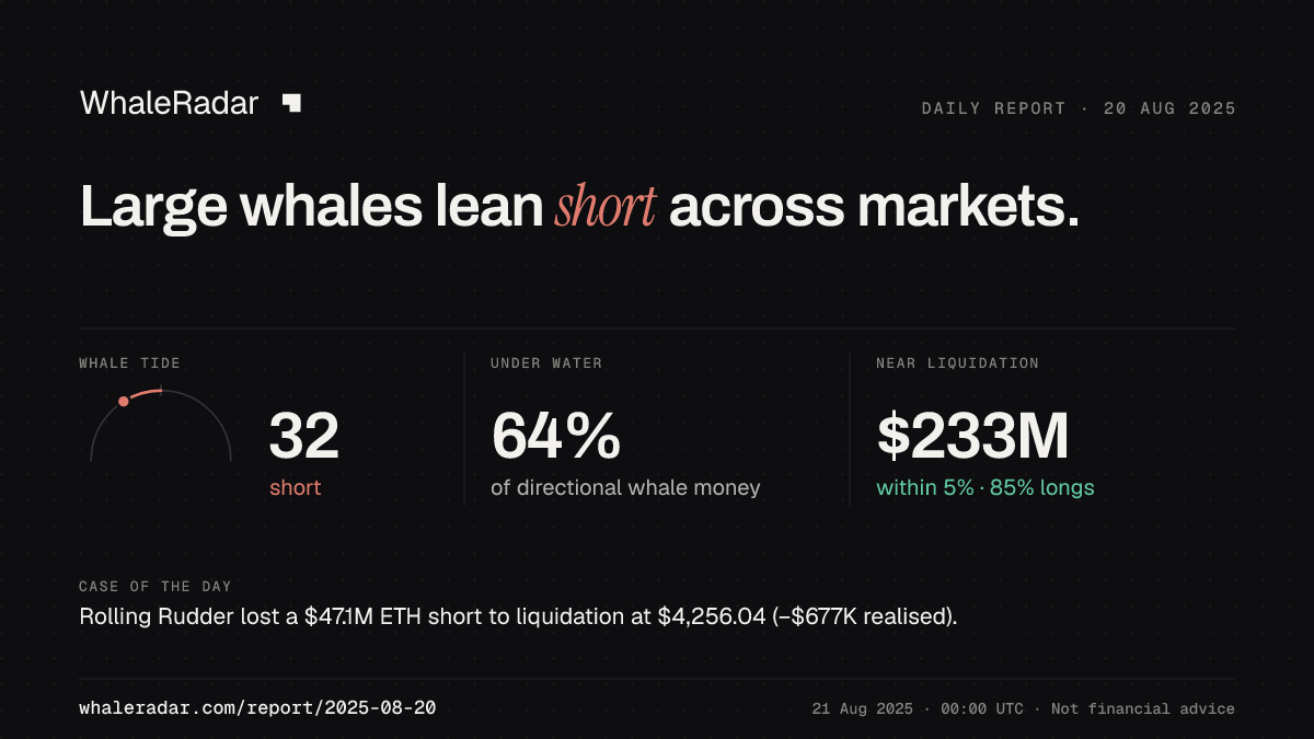 Share card for the report of 2025-08-20: Large whales lean short across markets.
