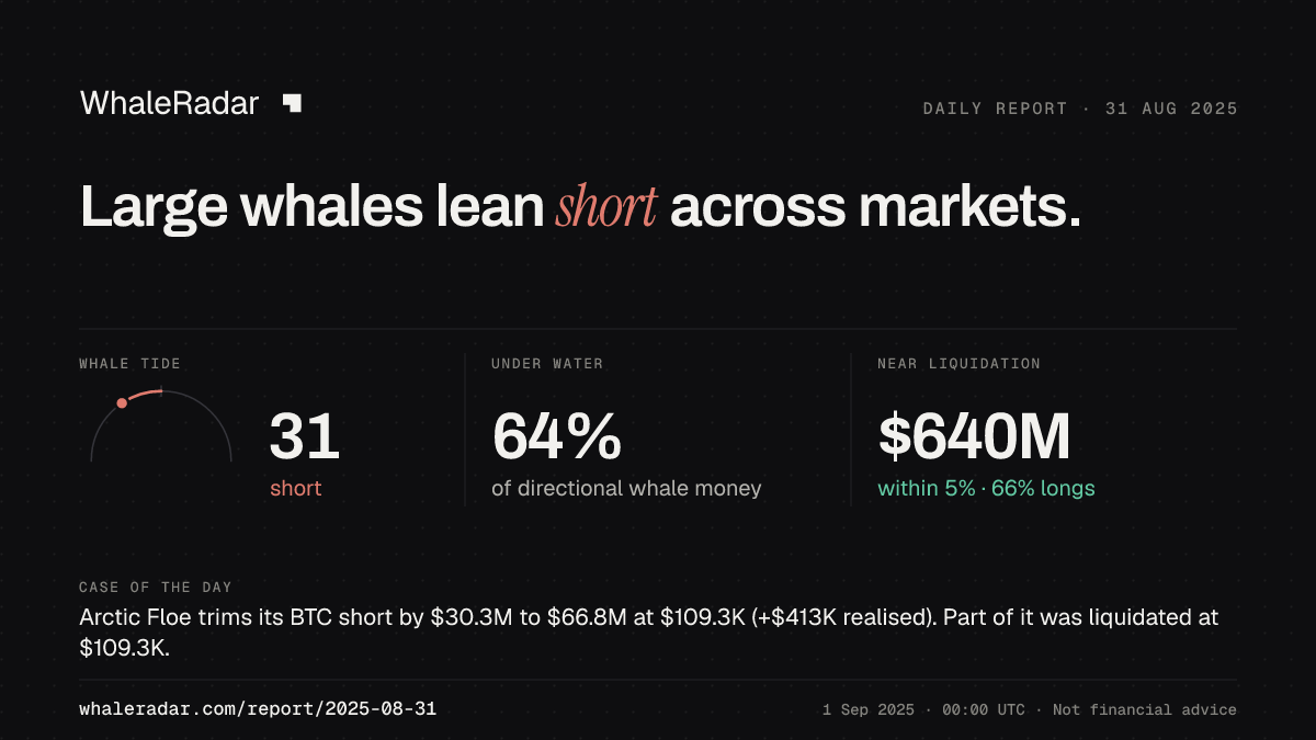 Share card for the report of 2025-08-31: Large whales lean short across markets.