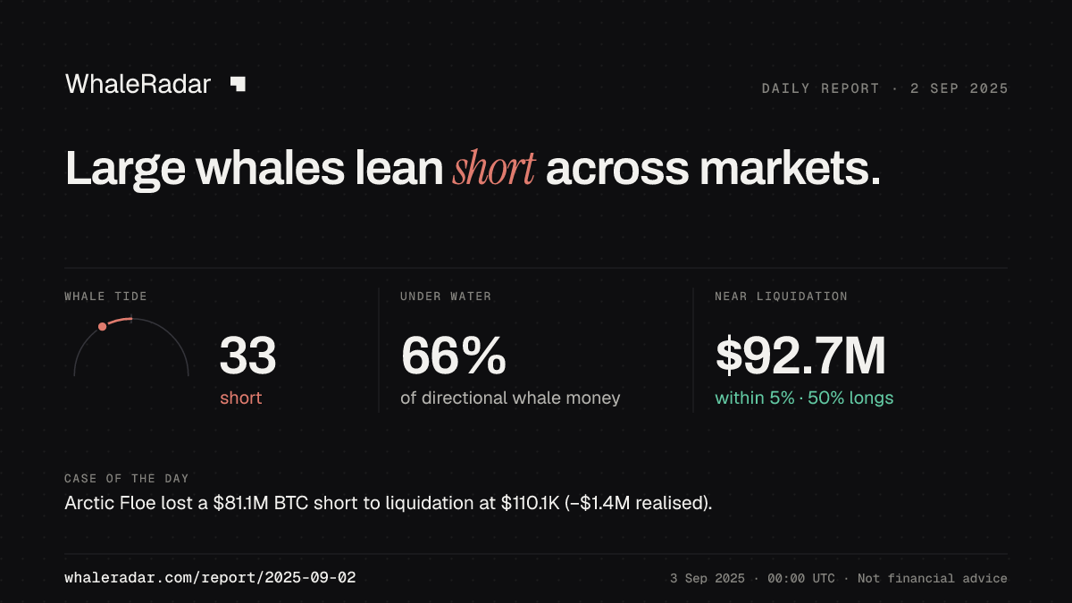 Share card for the report of 2025-09-02: Large whales lean short across markets.