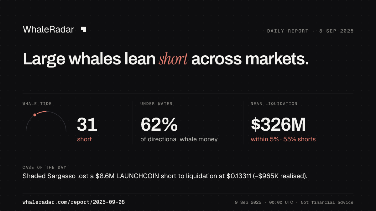 Share card for the report of 2025-09-08: Large whales lean short across markets.
