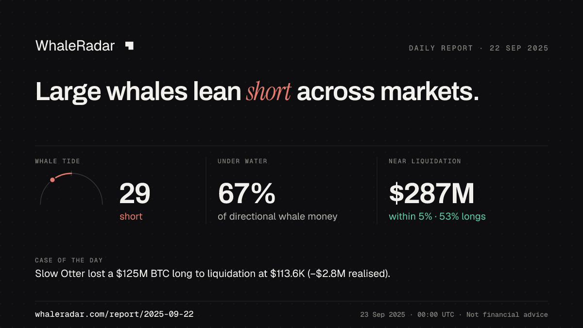 Share card for the report of 2025-09-22: Large whales lean short across markets.