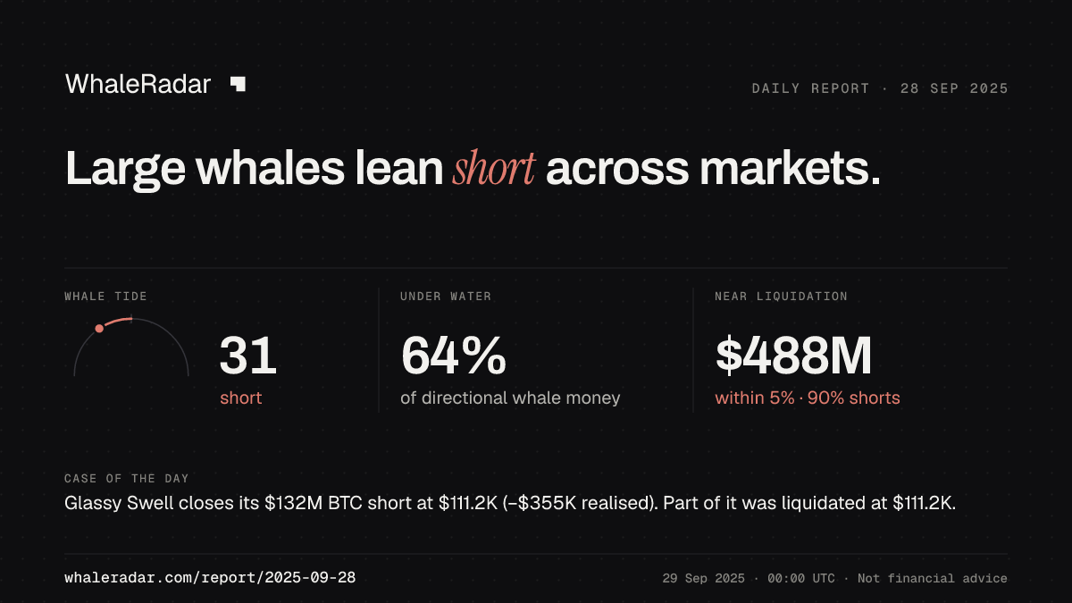 Share card for the report of 2025-09-28: Large whales lean short across markets.