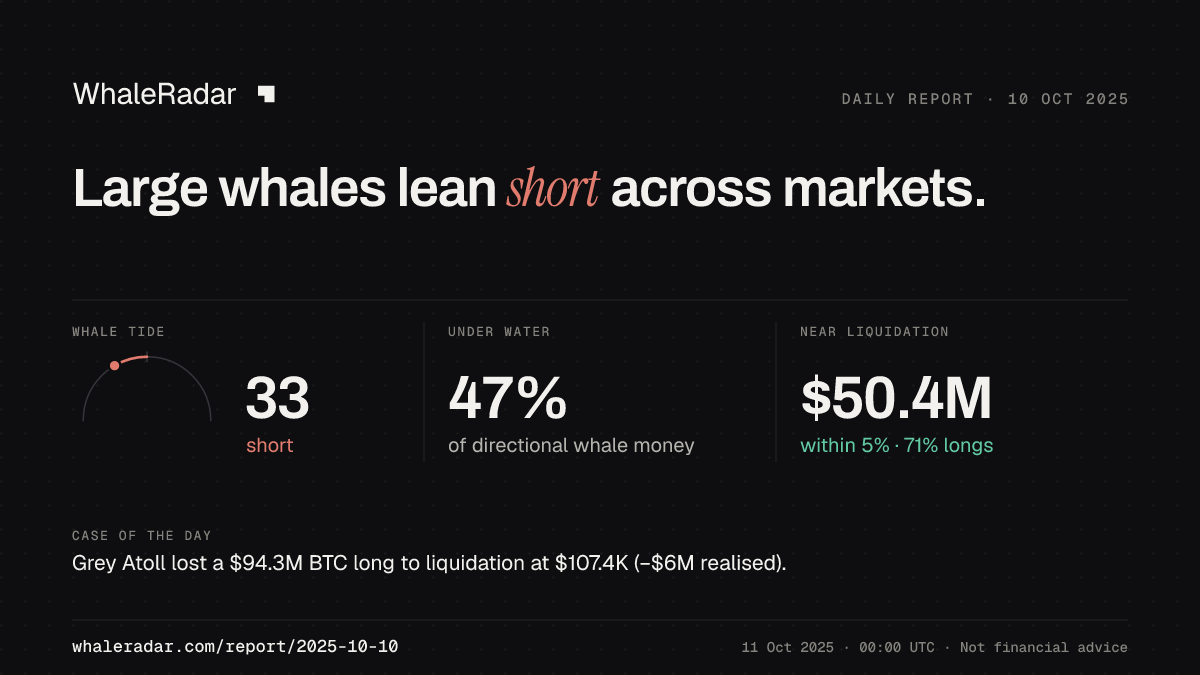 Share card for the report of 2025-10-10: Large whales lean short across markets.