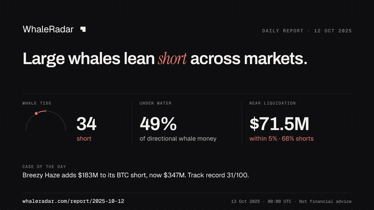 Share card for the report of 2025-10-12: Large whales lean short across markets.