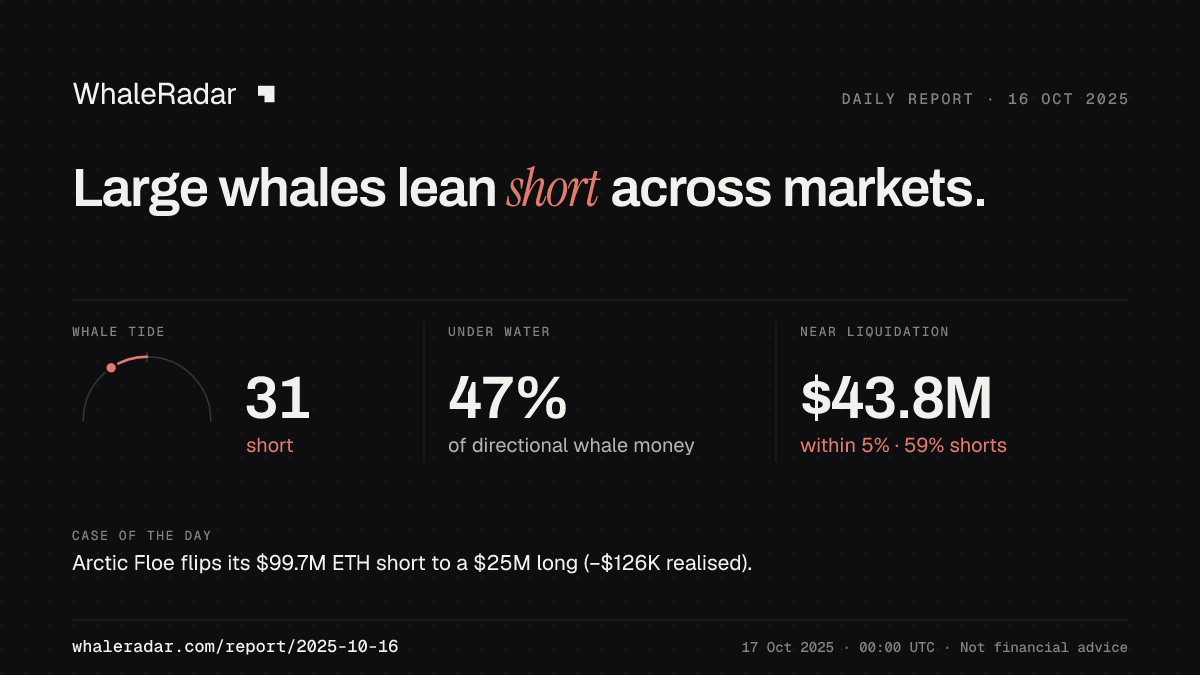 Share card for the report of 2025-10-16: Large whales lean short across markets.