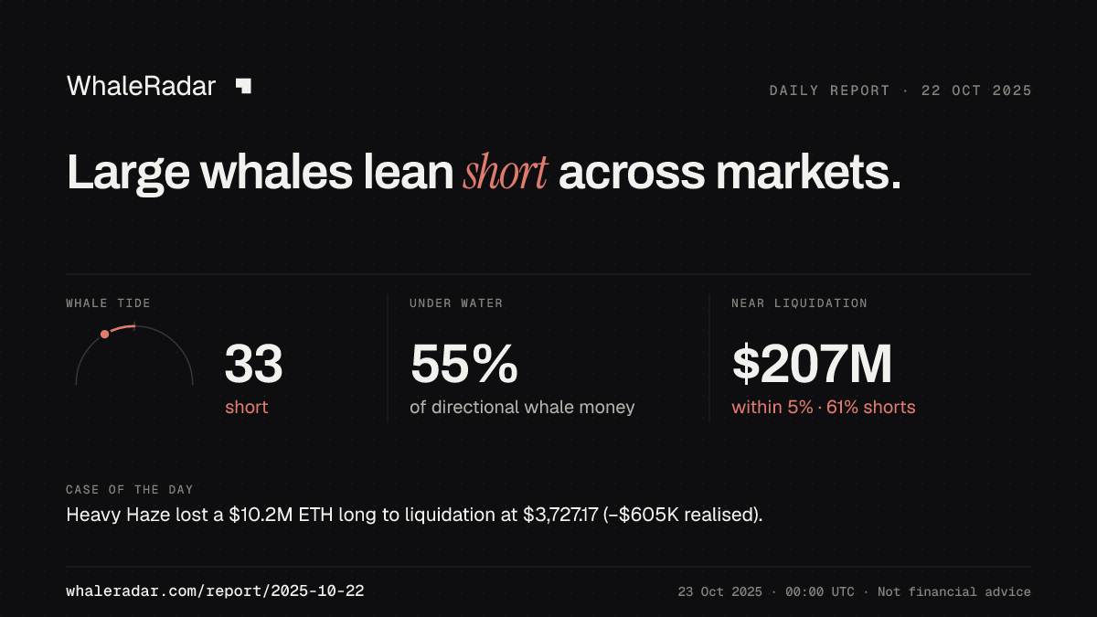 Share card for the report of 2025-10-22: Large whales lean short across markets.