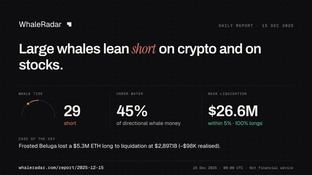 Share card for the report of 2025-12-15: Large whales lean short on crypto and on stocks.