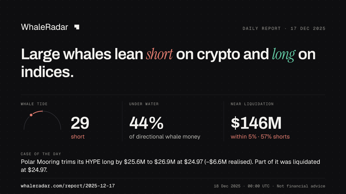 Share card for the report of 2025-12-17: Large whales lean short on crypto and long on indices.