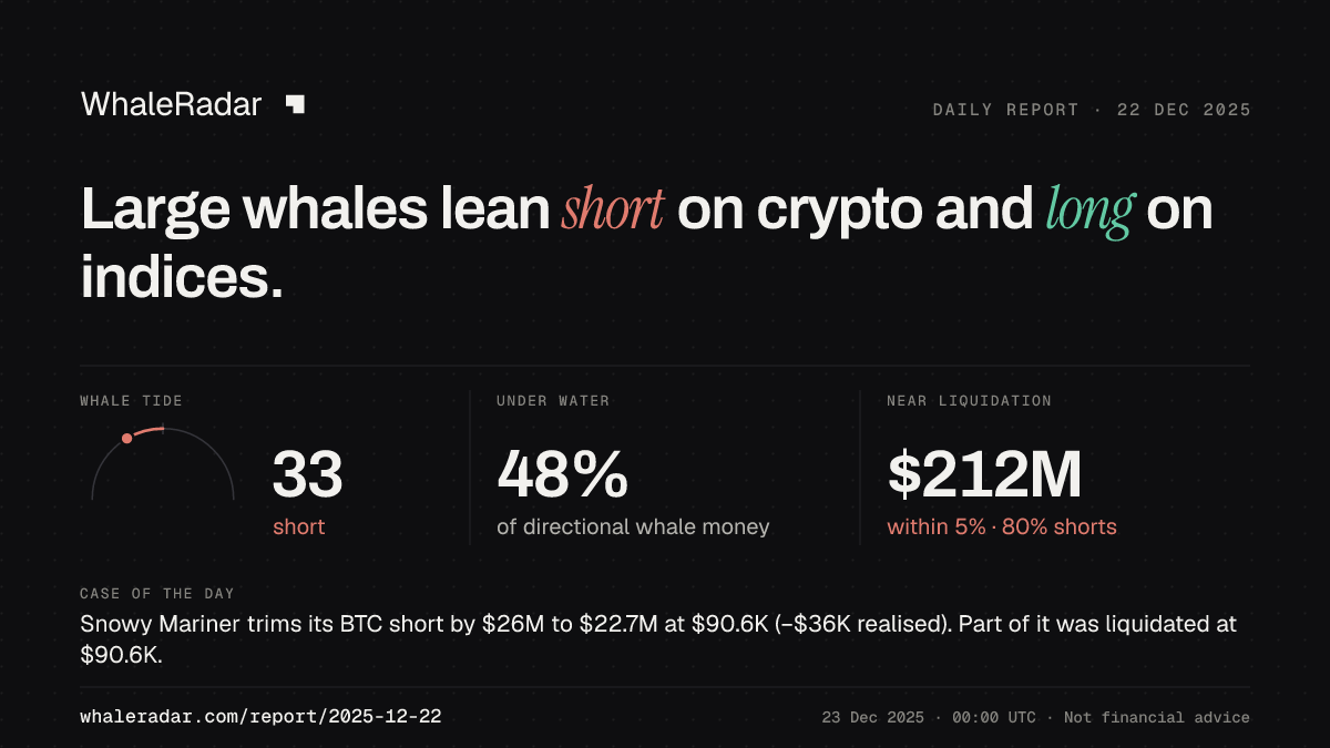 Share card for the report of 2025-12-22: Large whales lean short on crypto and long on indices.