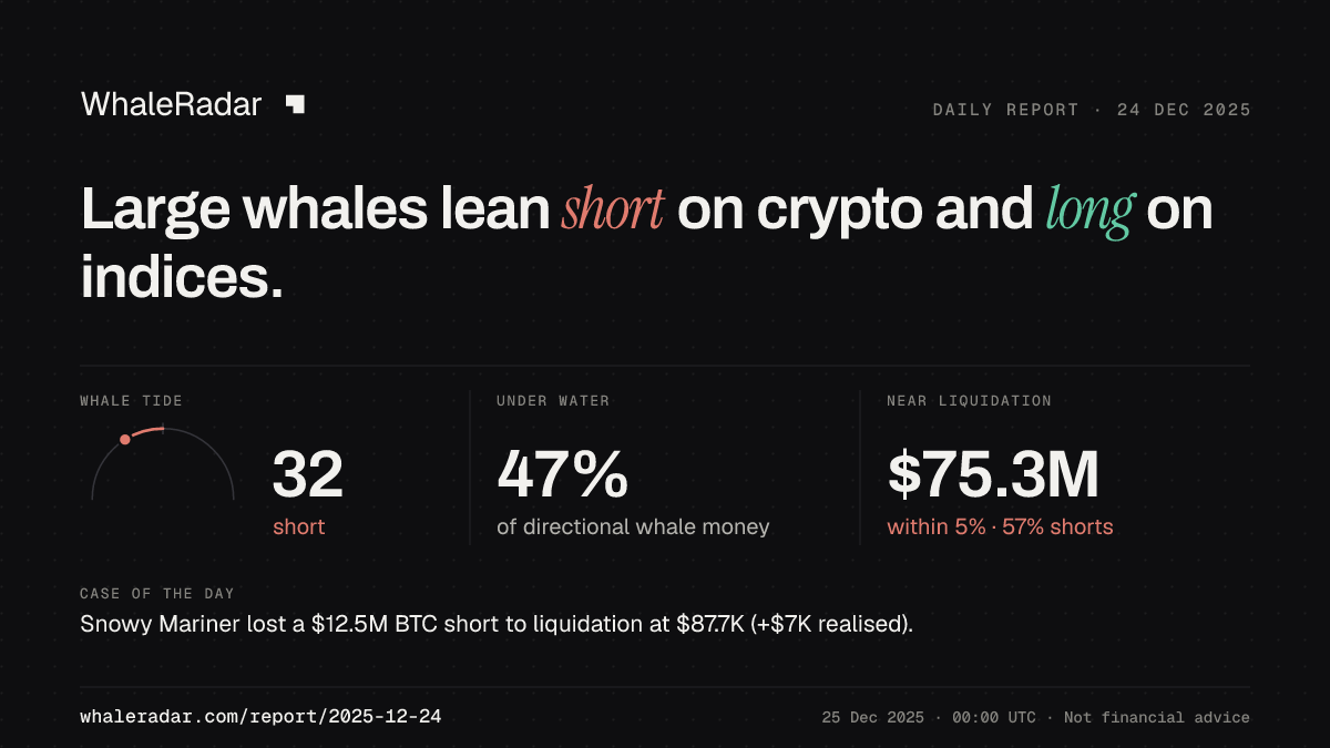 Share card for the report of 2025-12-24: Large whales lean short on crypto and long on indices.