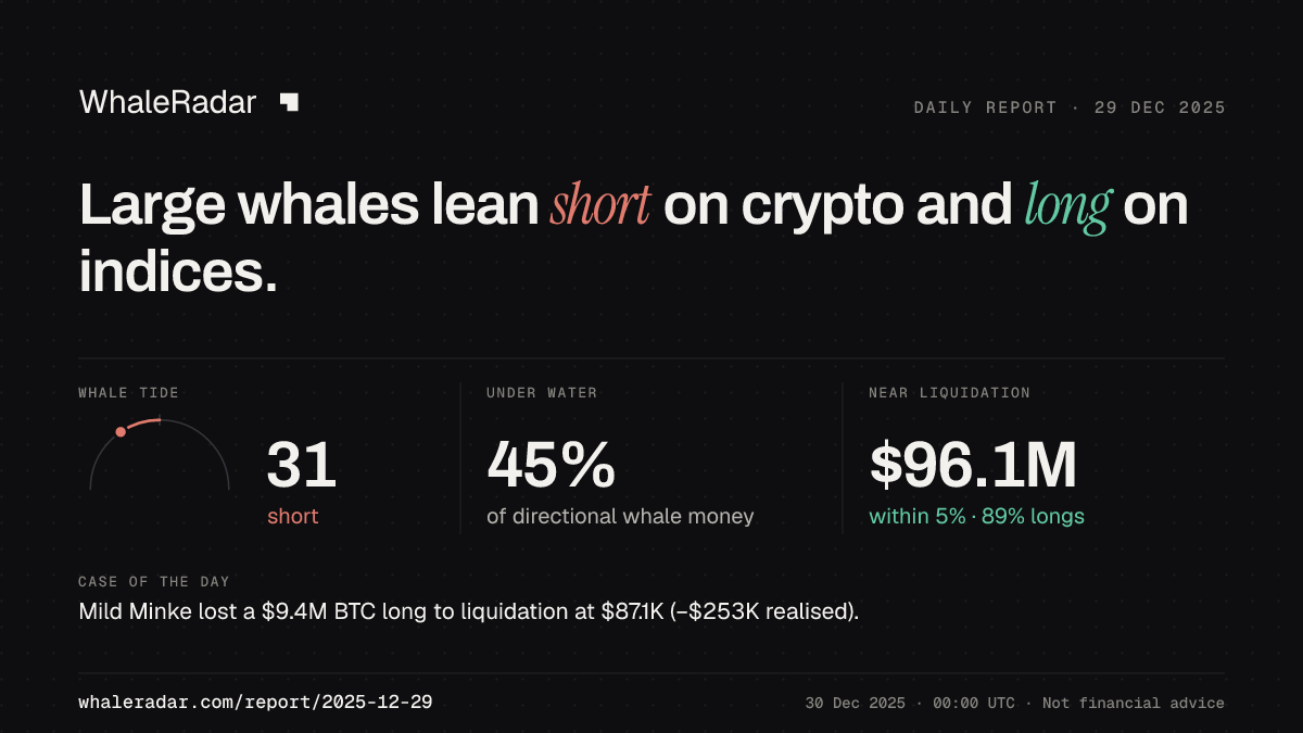 Share card for the report of 2025-12-29: Large whales lean short on crypto and long on indices.