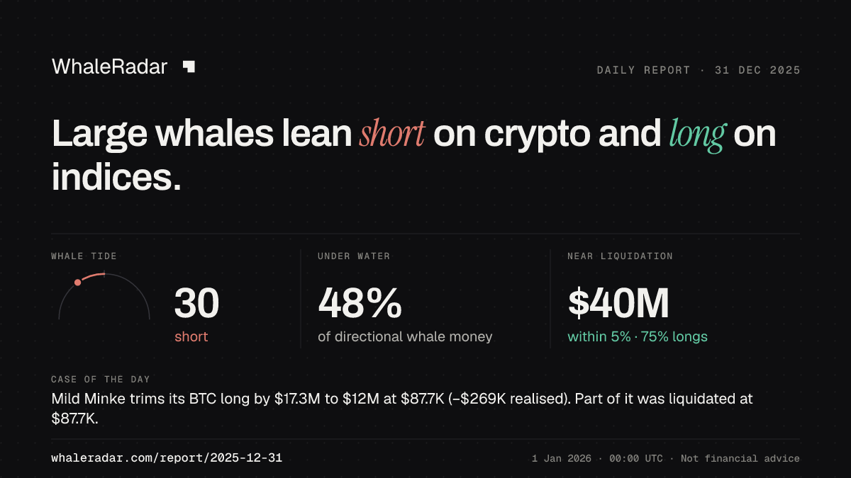 Share card for the report of 2025-12-31: Large whales lean short on crypto and long on indices.
