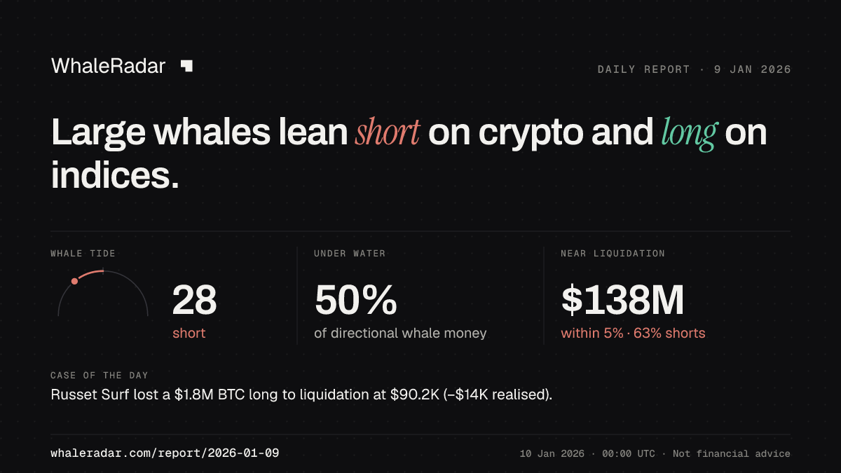 Share card for the report of 2026-01-09: Large whales lean short on crypto and long on indices.