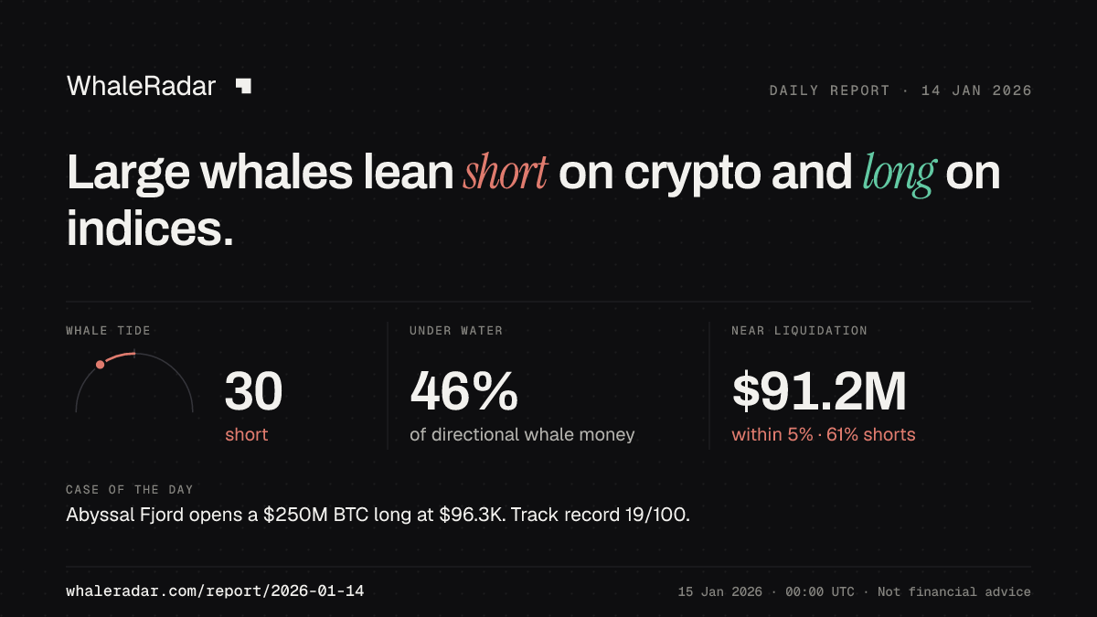 Share card for the report of 2026-01-14: Large whales lean short on crypto and long on indices.
