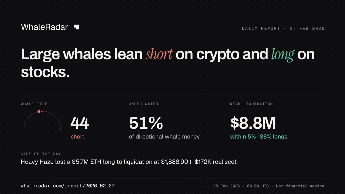 Share card for the report of 2026-02-27: Large whales lean short on crypto and long on stocks.