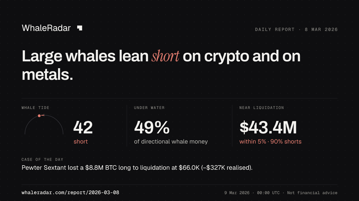 Share card for the report of 2026-03-08: Large whales lean short on crypto and on metals.