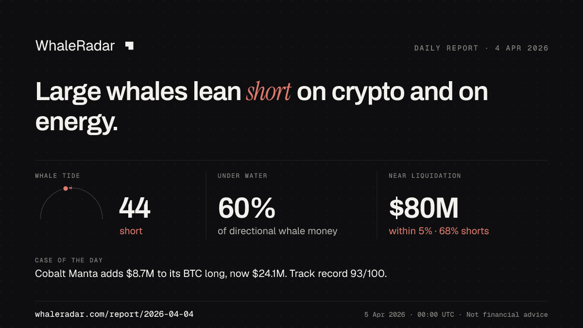 Share card for the report of 2026-04-04: Large whales lean short on crypto and on energy.