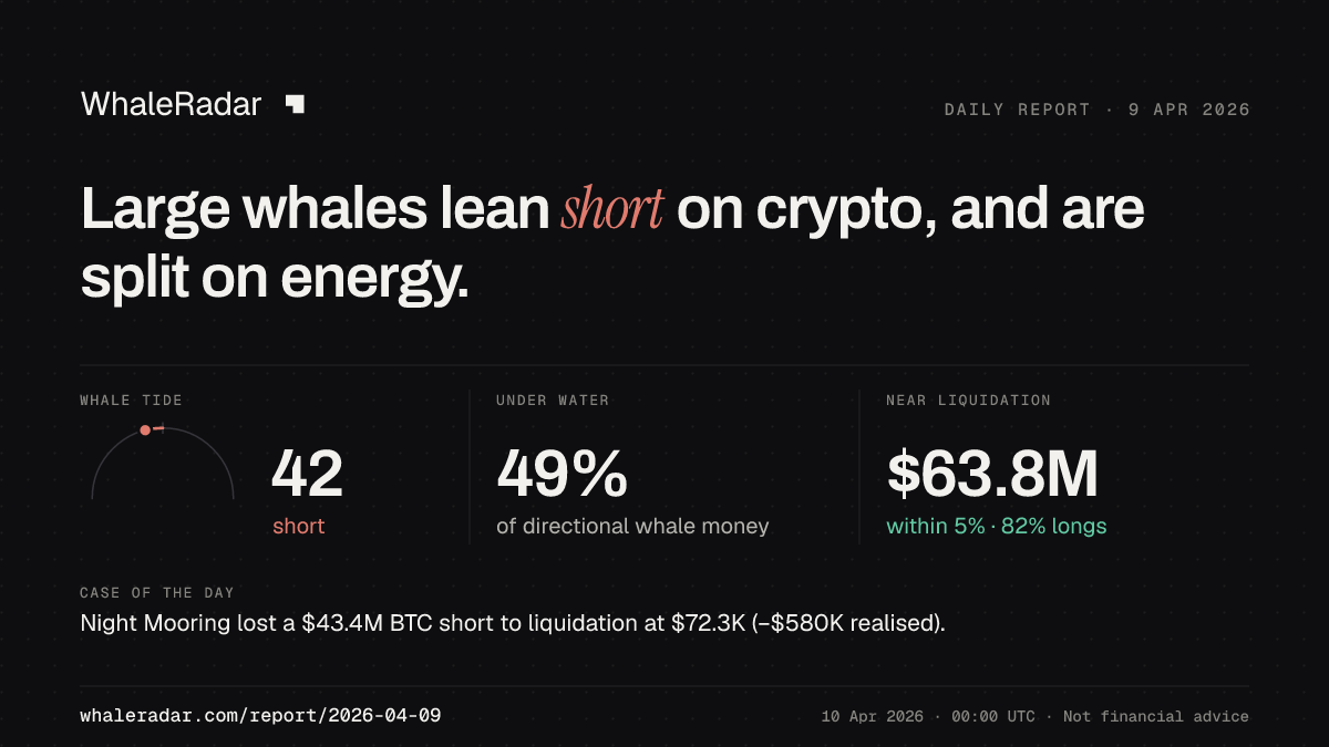 Share card for the report of 2026-04-09: Large whales lean short on crypto, and are split on energy.