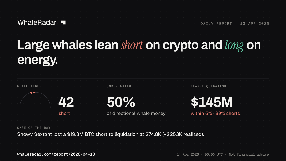 Share card for the report of 2026-04-13: Large whales lean short on crypto and long on energy.