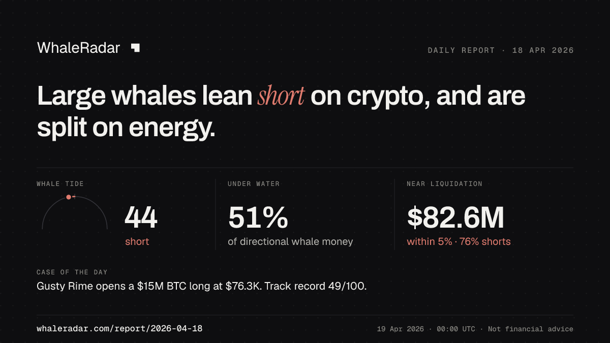 Share card for the report of 2026-04-18: Large whales lean short on crypto, and are split on energy.