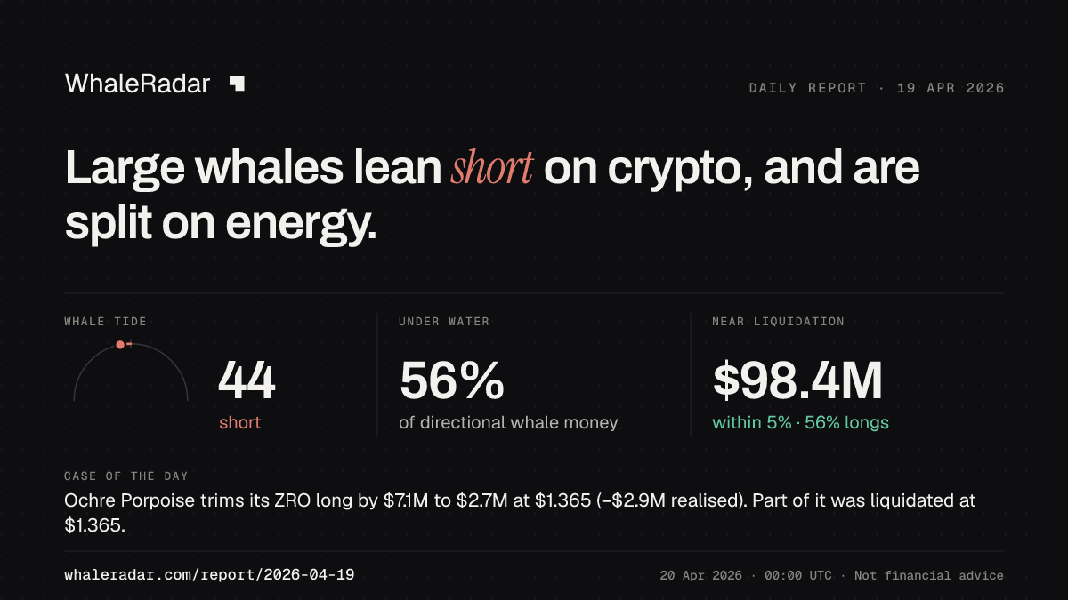 Share card for the report of 2026-04-19: Large whales lean short on crypto, and are split on energy.