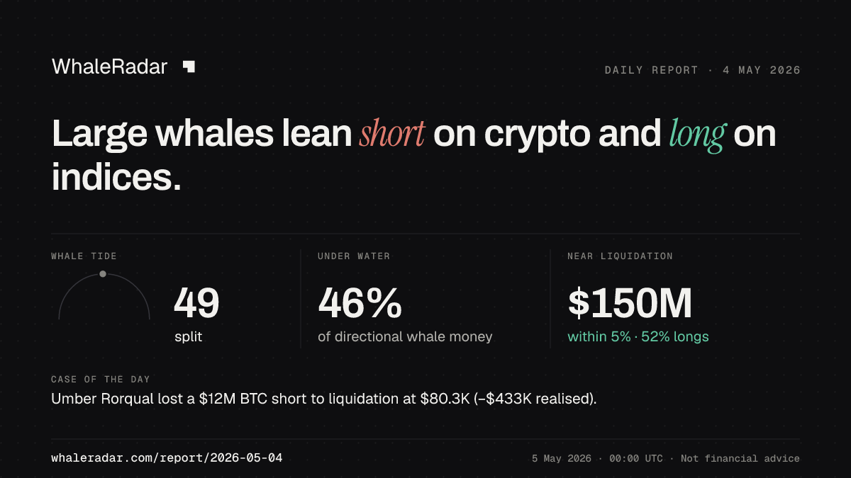 Share card for the report of 2026-05-04: Large whales lean short on crypto and long on indices.