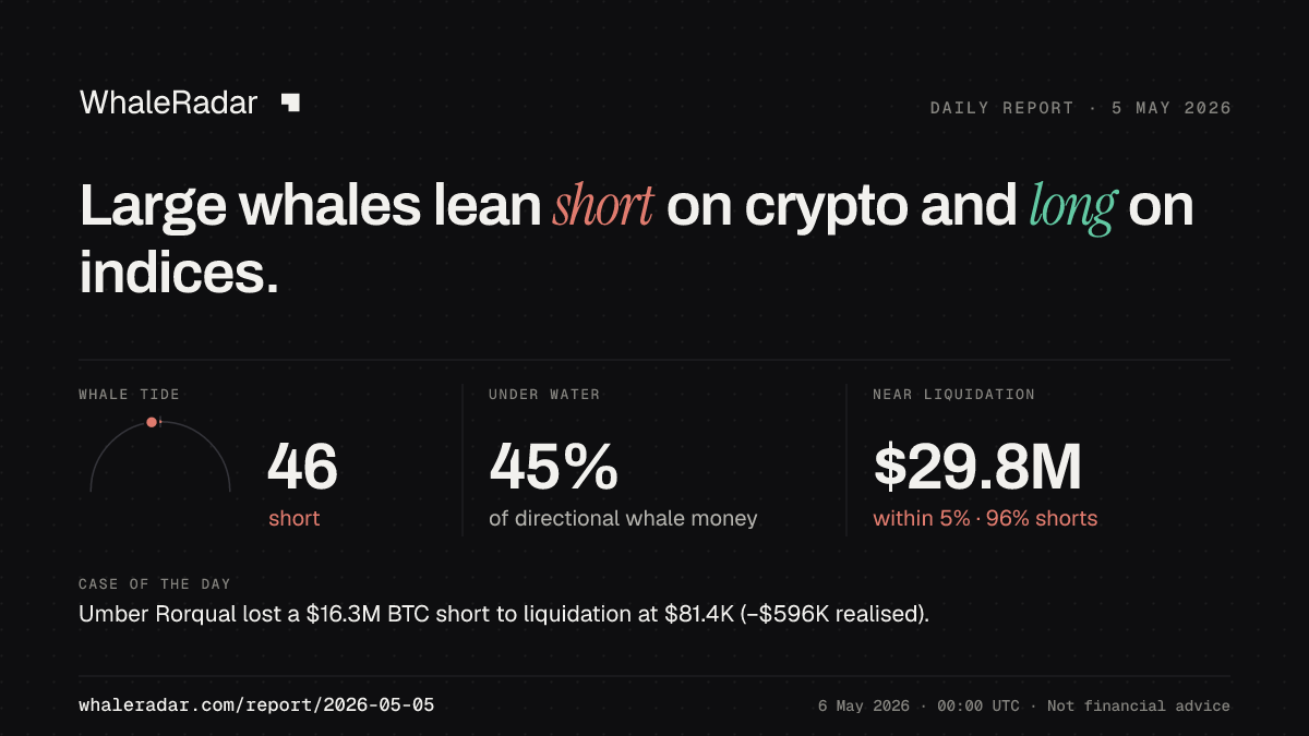 Share card for the report of 2026-05-05: Large whales lean short on crypto and long on indices.