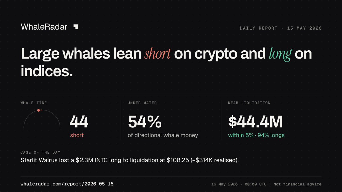 Share card for the report of 2026-05-15: Large whales lean short on crypto and long on indices.