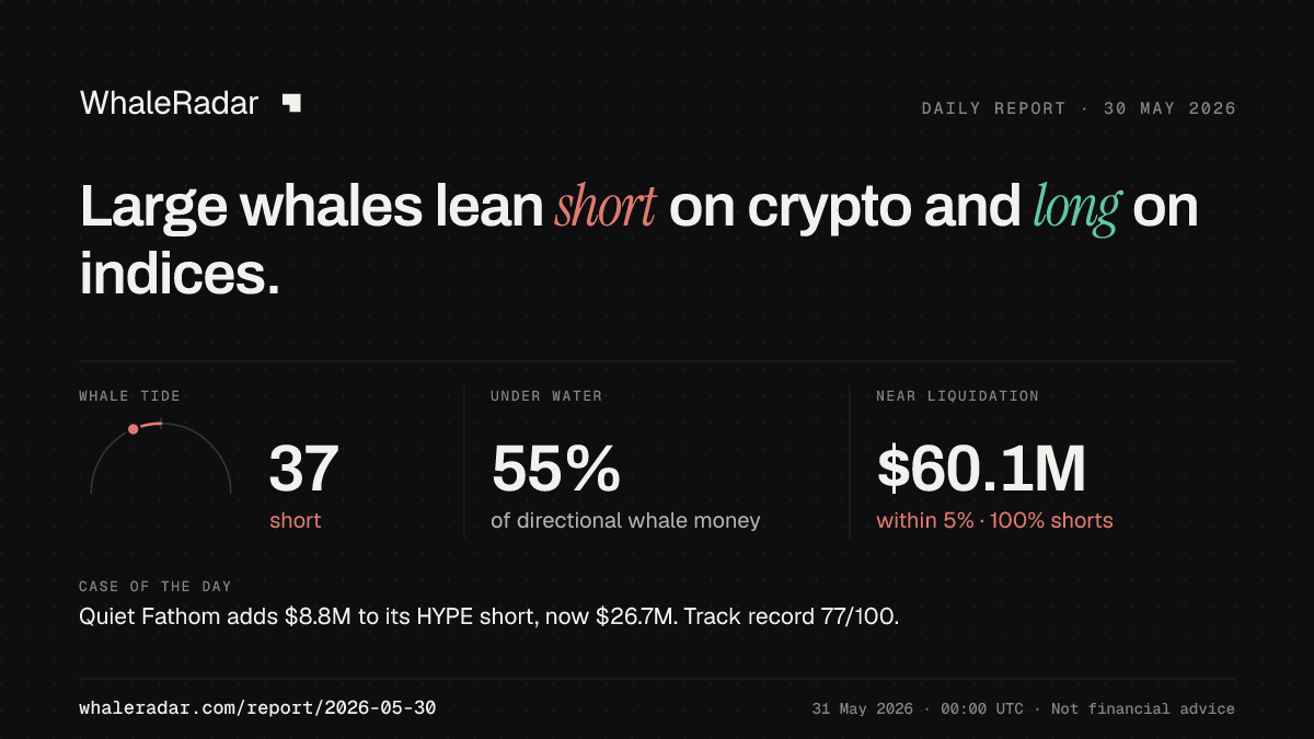 Share card for the report of 2026-05-30: Large whales lean short on crypto and long on indices.