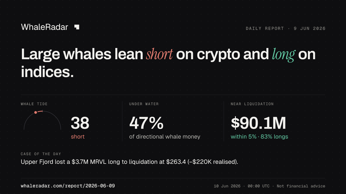 Share card for the report of 2026-06-09: Large whales lean short on crypto and long on indices.