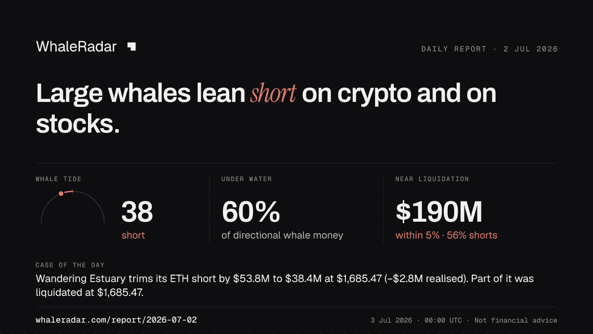 Share card for the report of 2026-07-02: Large whales lean short on crypto and on stocks.