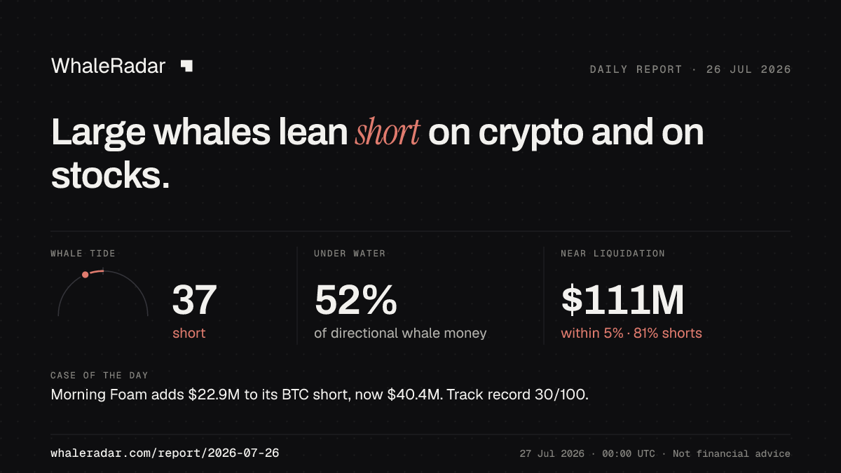 Share card for the report of 2026-07-26: Large whales lean short on crypto and on stocks.