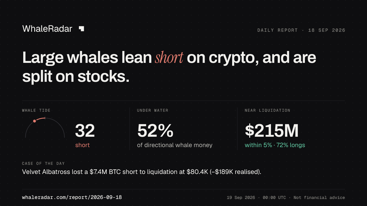 Share card for the report of 2026-09-18: Large whales lean short on crypto, and are split on stocks.