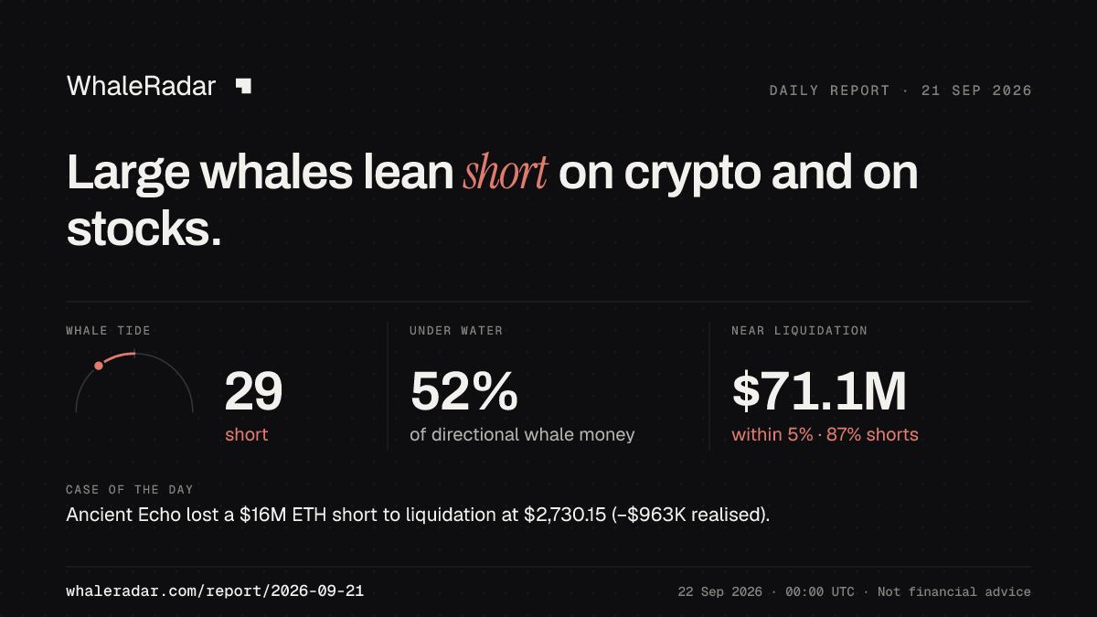 Share card for the report of 2026-09-21: Large whales lean short on crypto and on stocks.