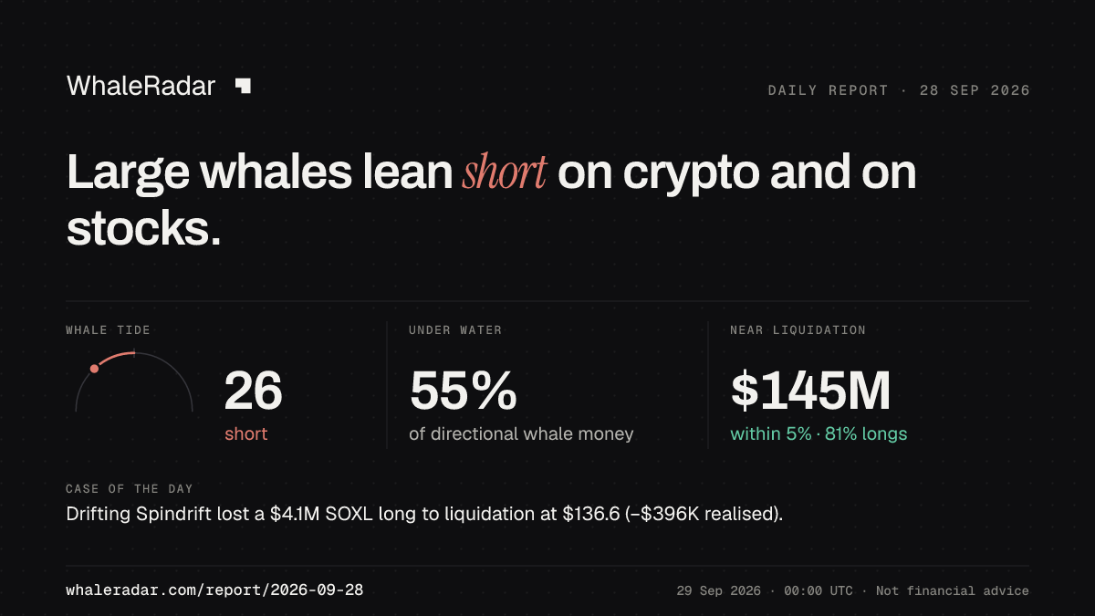 Share card for the report of 2026-09-28: Large whales lean short on crypto and on stocks.