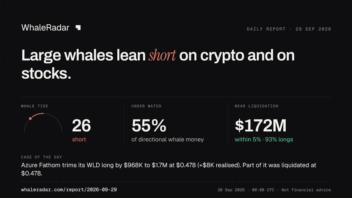 Share card for the report of 2026-09-29: Large whales lean short on crypto and on stocks.