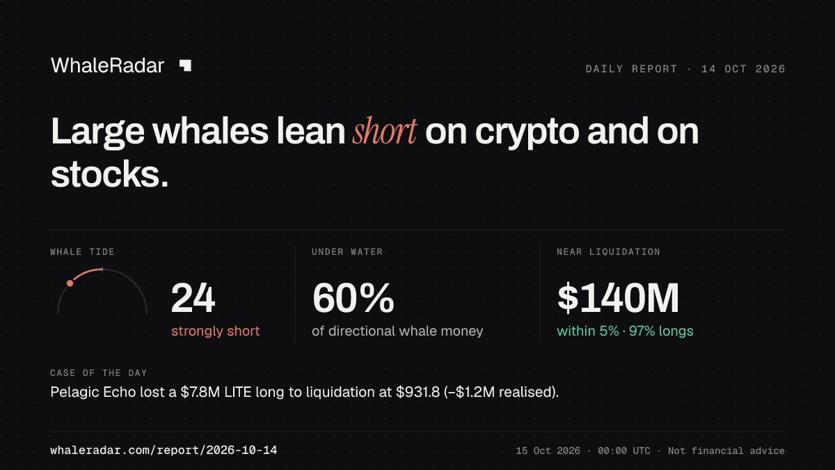Share card for the report of 2026-10-14: Large whales lean short on crypto and on stocks.