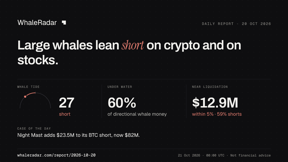 Share card for the report of 2026-10-20: Large whales lean short on crypto and on stocks.