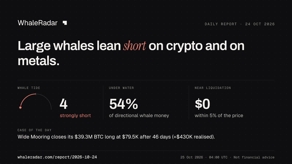 Share card for the report of 2026-10-24: Large whales lean short on crypto and on metals.