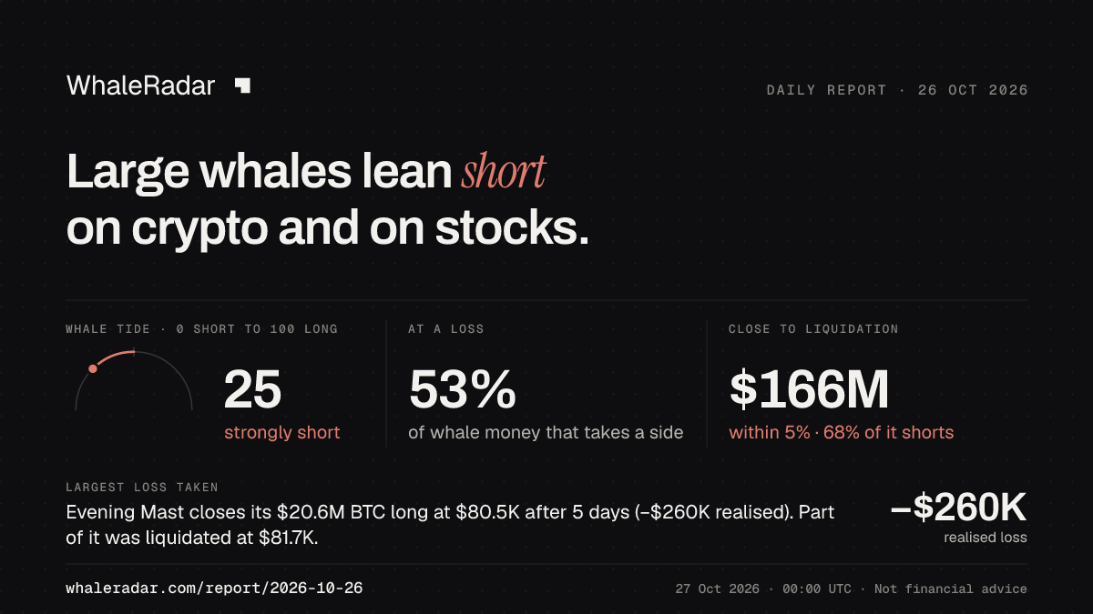 Share card for the report of 2026-10-26: Large whales lean short on crypto and on stocks.