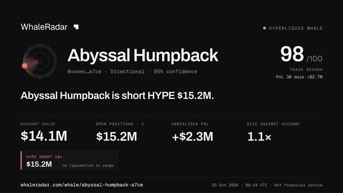「Abyssal Humpback」分享卡片:Abyssal Humpback 持有 HYPE 1,521 万美元 空单。