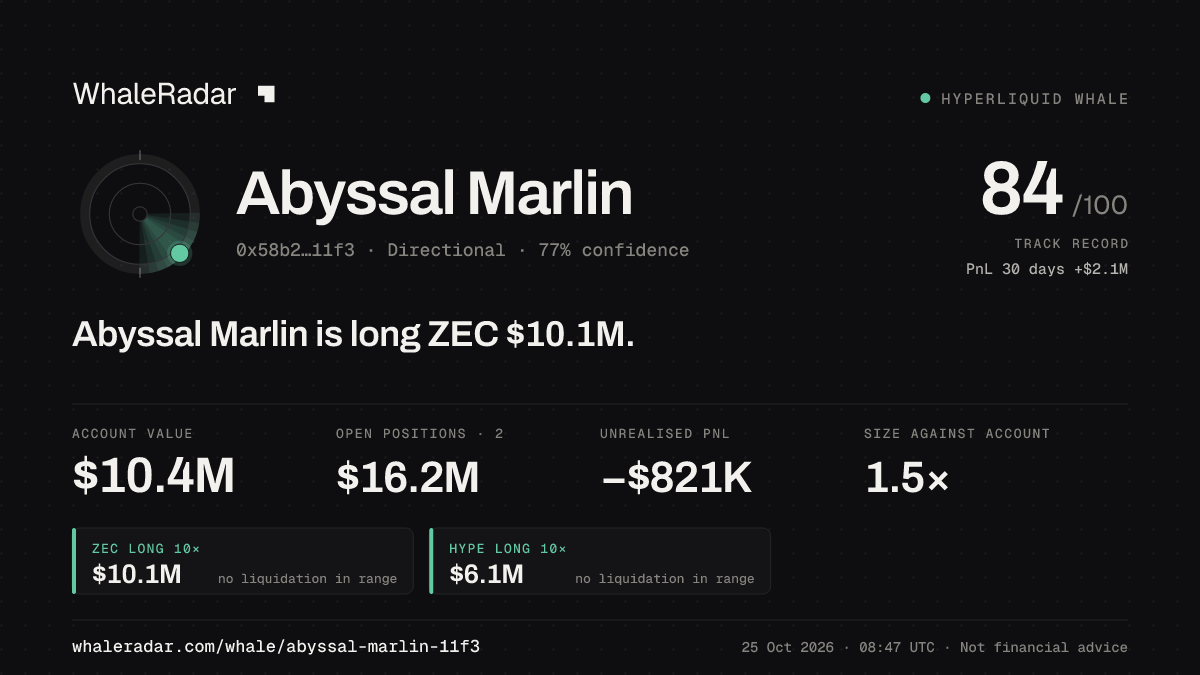 Share card for Abyssal Marlin: Abyssal Marlin is long ZEC $10.2M.